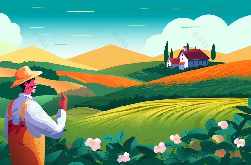 卡通手绘农民展示绿色草原田地插画,插画/手绘图,插画/手绘图库,插画/手绘图下载,插画/手绘